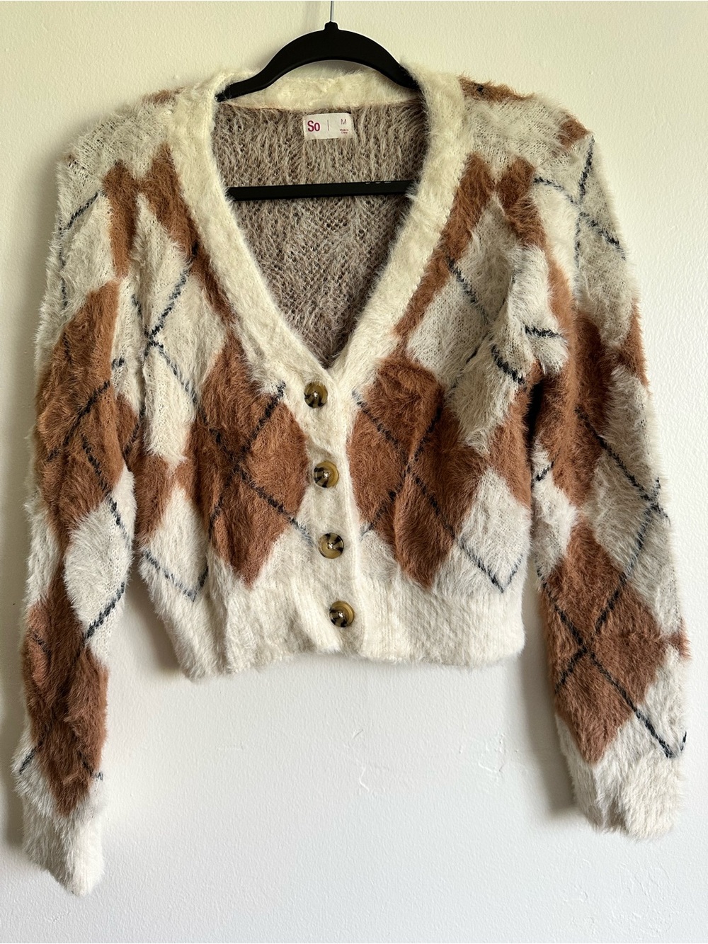 So Fuzzy Argyle Button-Up Cardigan in Cream & Brown size M